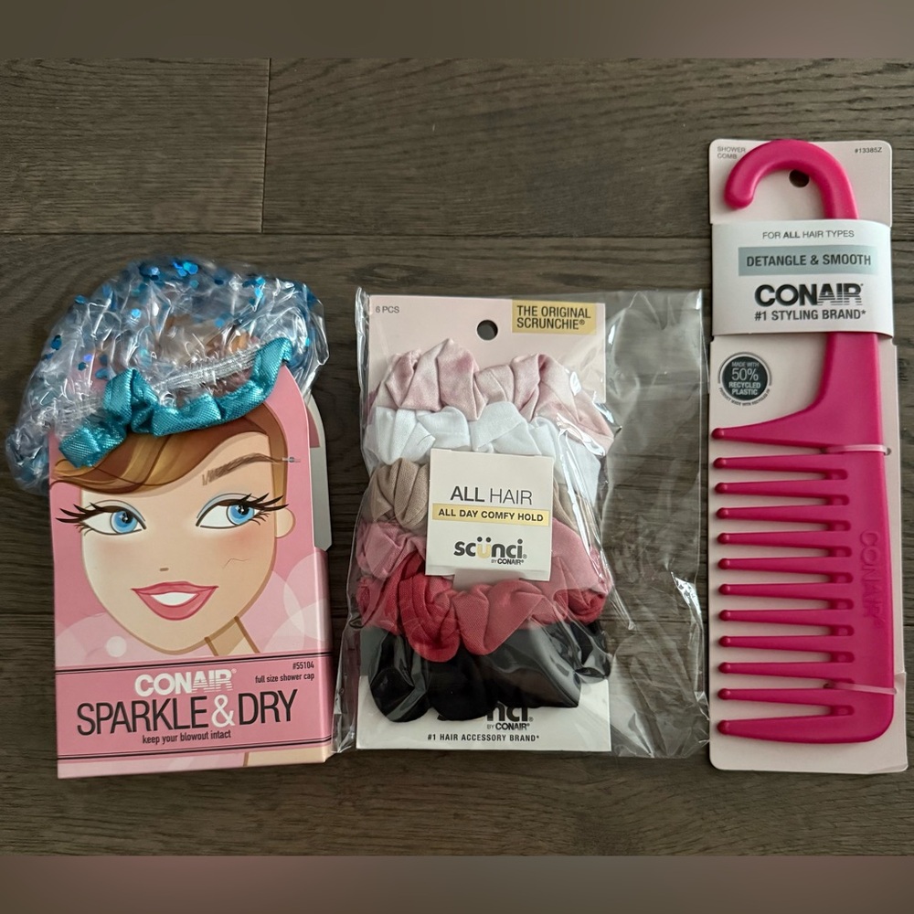 Conair and Scunci Hair Bundle 3-fer: scrunchies, comb, shower cap